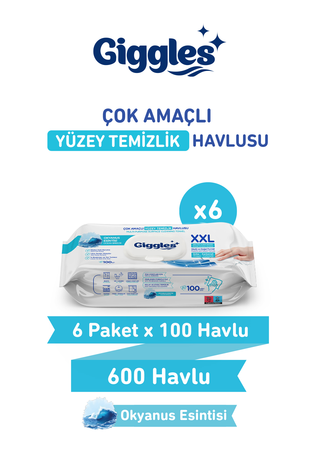 Giggles XXL İz Bırakmayan Yüzey Temizlik Havlusu - (Okyanus Esintisi) 600 Yaprak